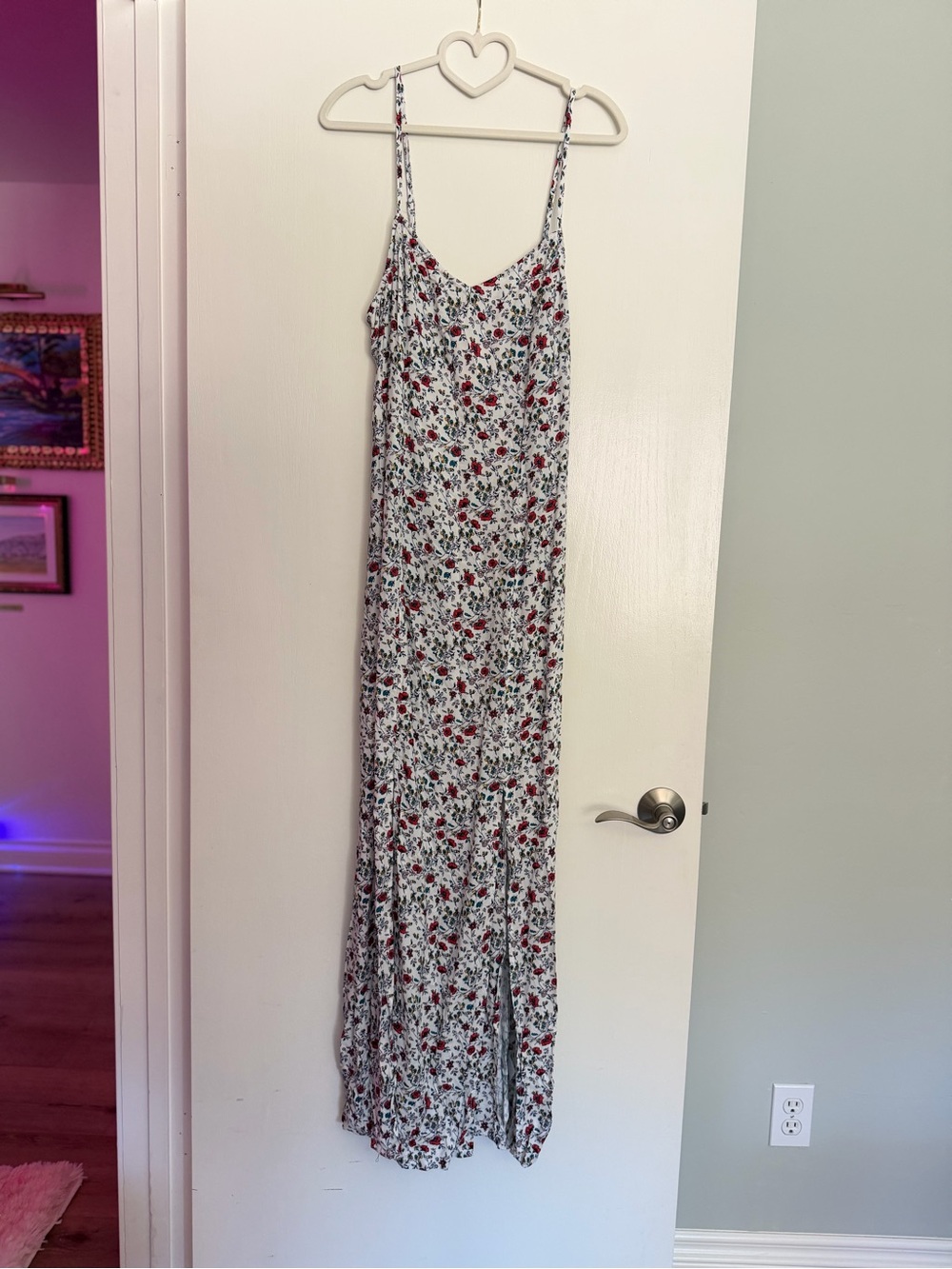WONDERLY White Maxi Slip Dress with Red Floral Print